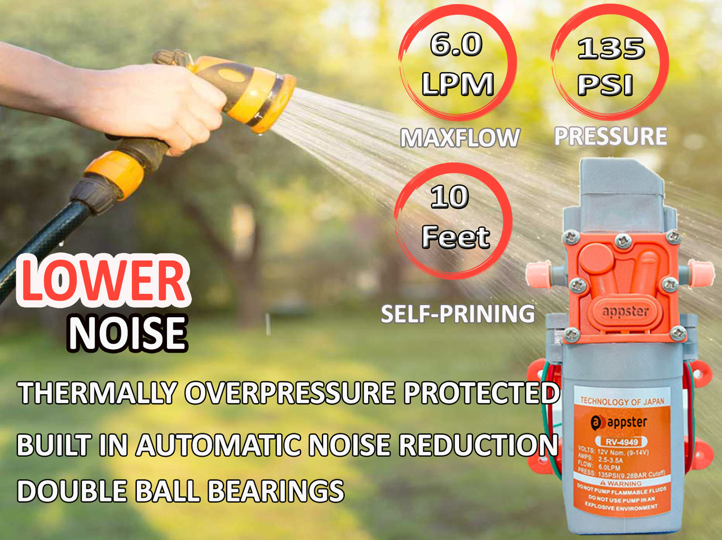 High Pressure Diaphragm Pumps 135PSI 12V DC Electric Battery Operated Sprayer Water Pump Motor for Agriculture Farm Fogger Misting Spray Car Bike Washing Sanitizing Gardening Irrigation